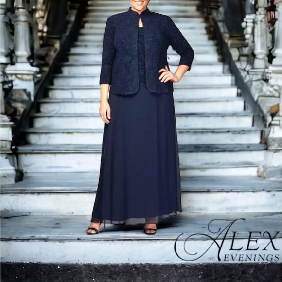🔥🔥🔥 Alex Evenings 2 Piece Navy Blue Evening Gown Long Mandarin Jacket - Picture 1 of 9